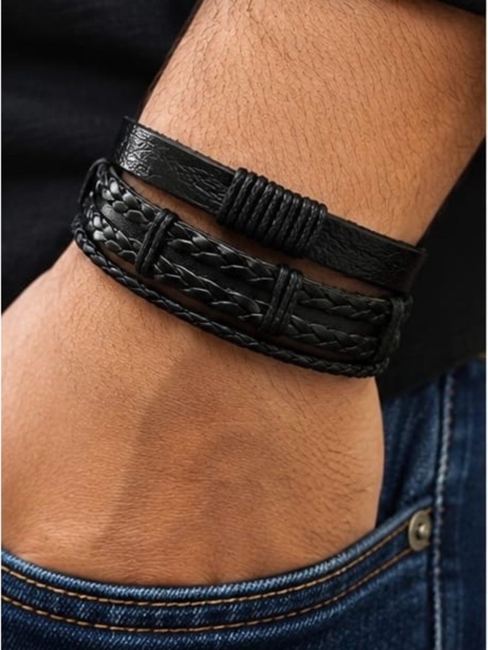 Men's Black Multi-Strand Braided Leather Bracelet - Sleek Layered Style